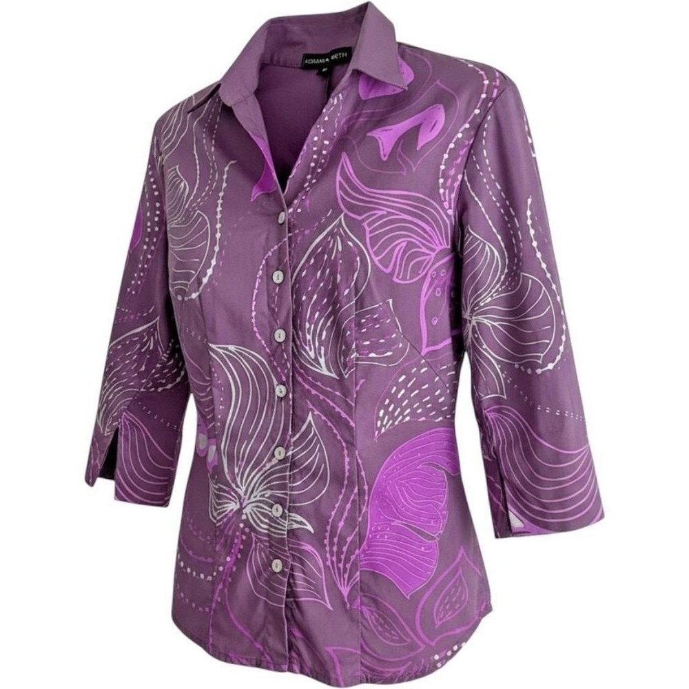 Purple Fuchsia Abstract Print Tailored Button Shirt Wearable Art Maximalist S
